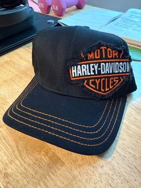 Harley-Davidson Black Hat with Orange Stitching and Logo Patch